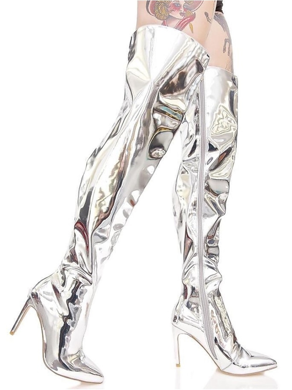 Silver Over-the-Knee Stiletto Boots - Women's Fashion Boots